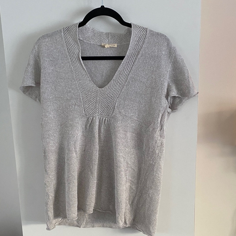 Eileen Fisher Light Gray V-Neck Knit Top